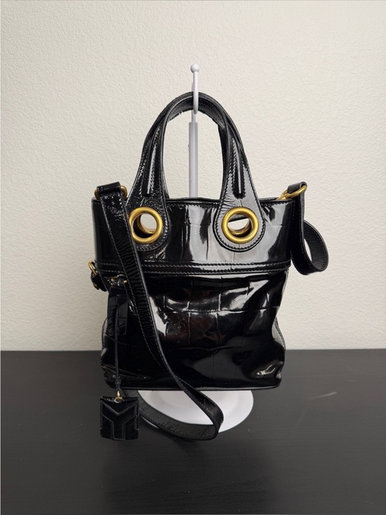 Yves Saint Laurent Handbags - Yves Saint Laurent Black Patent Leather Shoulder Bag with Gold Grommets
